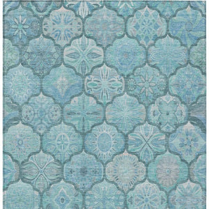 9x12 Teal Aqua Ogee Polyester Area Rug Washable Stain Resistant Indoor Outdoor