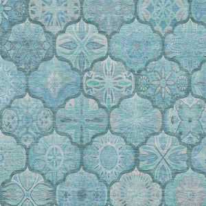 9x12 Teal Aqua Ogee Polyester Area Rug Washable Stain Resistant Indoor Outdoor