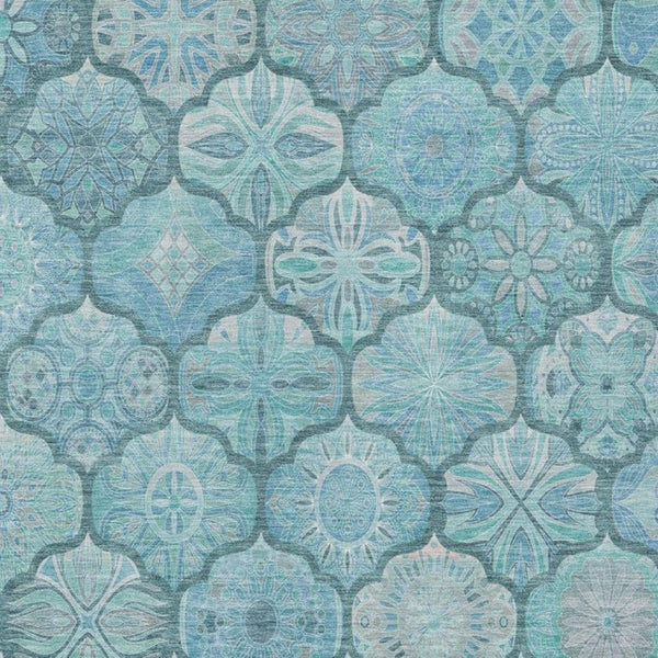 9x12 Teal Aqua Ogee Polyester Area Rug Washable Stain Resistant Indoor Outdoor