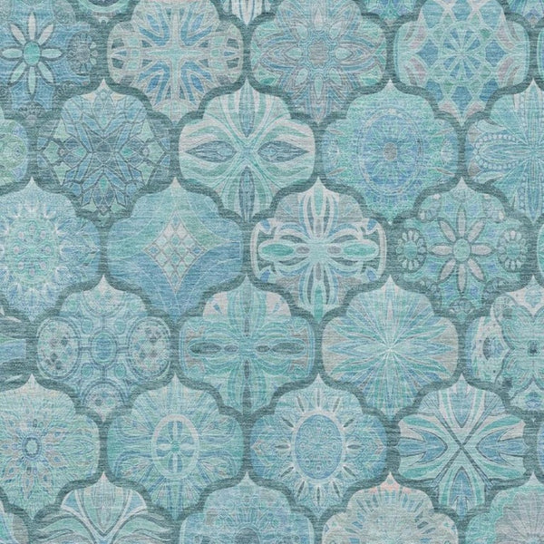 9x12 Teal Aqua Ogee Polyester Area Rug Washable Stain Resistant Indoor Outdoor