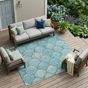 10 X 14 Teal Aqua Ogee Polyester Area Rug Washable Stain Resistant Indoor Outdoor