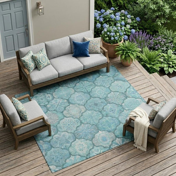 10 X 14 Teal Aqua Ogee Polyester Area Rug Washable Stain Resistant Indoor Outdoor