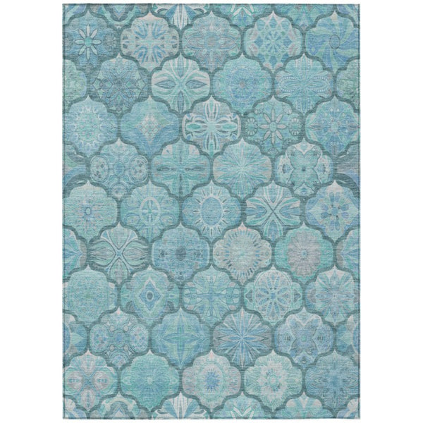 HomeRoots 10 X 14 Teal Aqua Ogee Polyester Area Rug Washable Stain Resistant Indoor Outdoor 746307