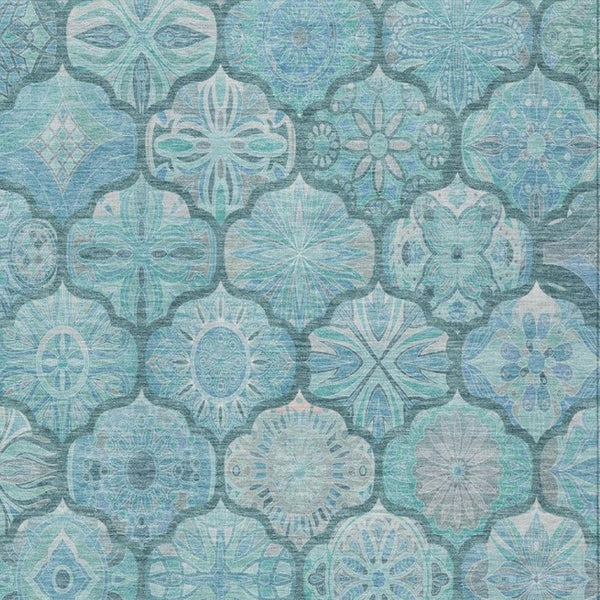 10 X 14 Teal Aqua Ogee Polyester Area Rug Washable Stain Resistant Indoor Outdoor