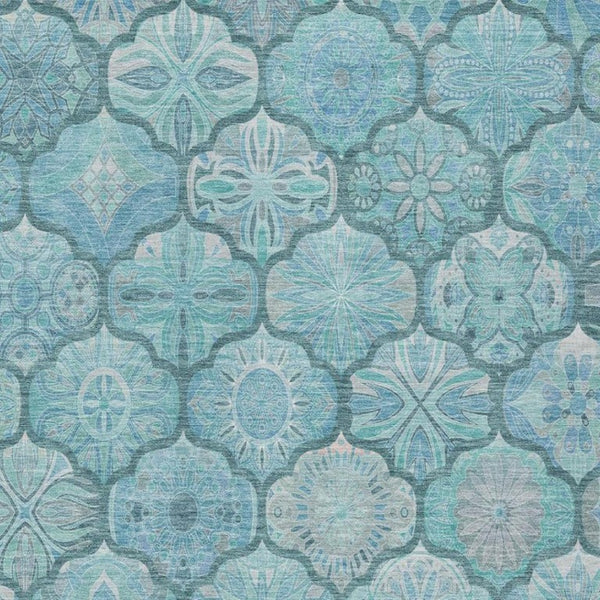 10 X 14 Teal Aqua Ogee Polyester Area Rug Washable Stain Resistant Indoor Outdoor