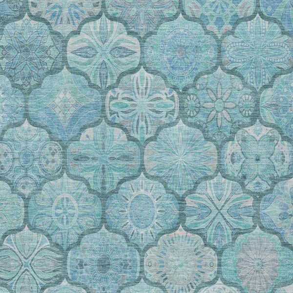 10 X 14 Teal Aqua Ogee Polyester Area Rug Washable Stain Resistant Indoor Outdoor