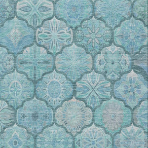 10 X 14 Teal Aqua Ogee Polyester Area Rug Washable Stain Resistant Indoor Outdoor