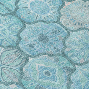10 X 14 Teal Aqua Ogee Polyester Area Rug Washable Stain Resistant Indoor Outdoor