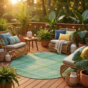 8 Foot Round Plaid Polyester Area Rug Aqua Teal Washable for Indoor Outdoor Use