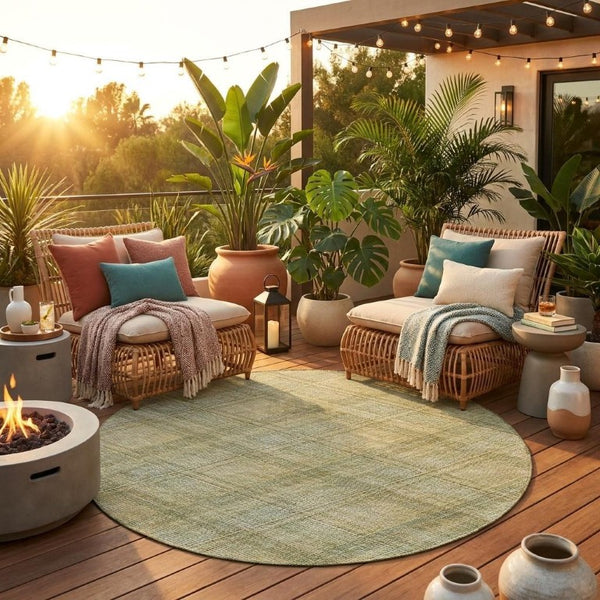 8 Ft Round Plaid Polyester Area Rug Washable Stain Resistant Indoor Outdoor Use