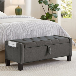 English Elm Ottoman Storage Bench Tufted Linen Upholstered Entryway Seat with Lift Top Shelf Dark Gray W2186P469998