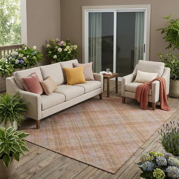 5 X 8 Copper Orange Plaid Polyester Area Rug Washable Stain Resistant Indoor Outdoor