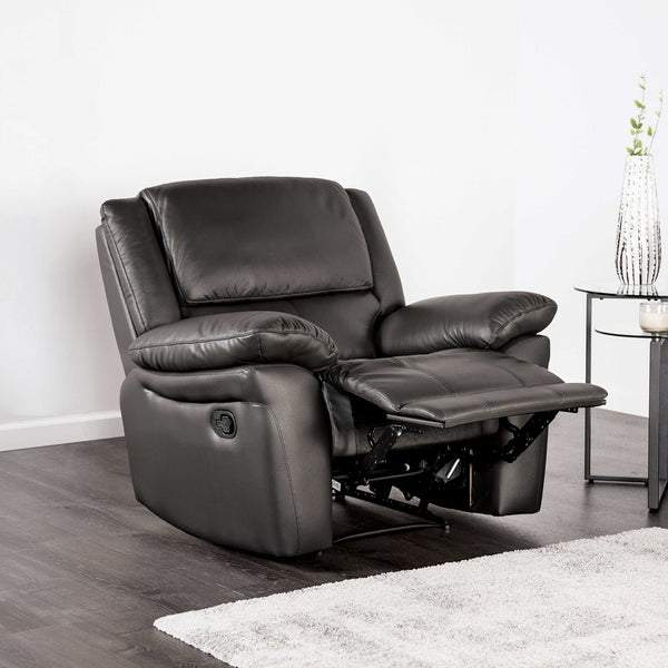 English Elm Black Leather‑Match Transitional Recliner Chair with Pillow Arms, Welt Trim, 38"W x 38.5"H Comfort B2741P407584