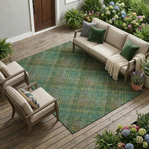9 X 12 Plaid Polyester Indoor Outdoor Rug Stain Resistant Washable Patio Accent