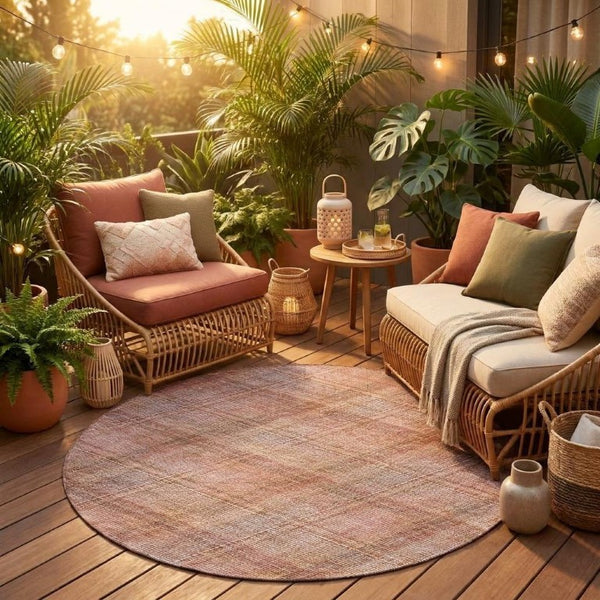 8 Foot Round Plaid Polyester Area Rug in Pink Beige for Indoor Outdoor Use