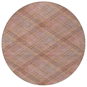 8 Foot Round Plaid Polyester Area Rug in Pink Beige for Indoor Outdoor Use