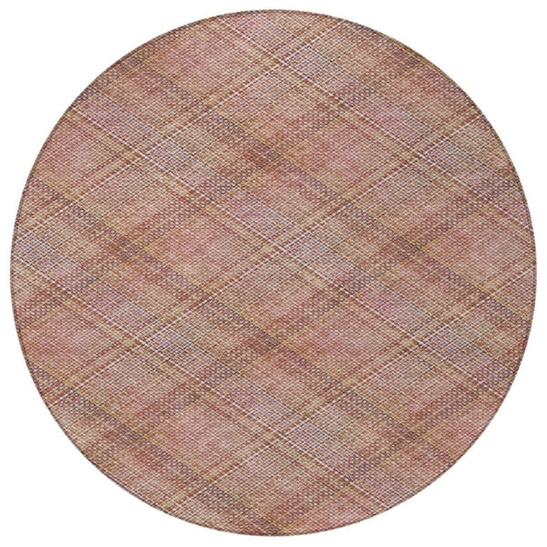 8 Foot Round Plaid Polyester Area Rug in Pink Beige for Indoor Outdoor Use