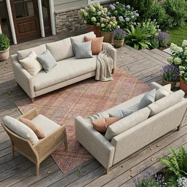10 X 14 Pink Beige Plaid Polyester Area Rug Washable Stain Resistant Indoor Outdoor