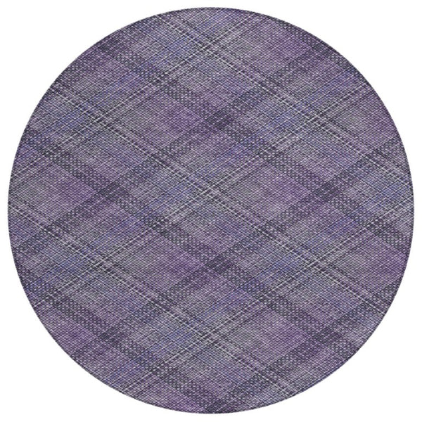 HomeRoots 8 Foot Round Plaid Polyester Area Rug in Plum Washable for Indoor Outdoor Use 746358