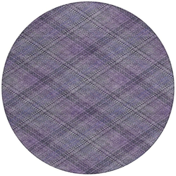 8 Foot Round Plaid Polyester Area Rug in Plum Washable for Indoor Outdoor Use