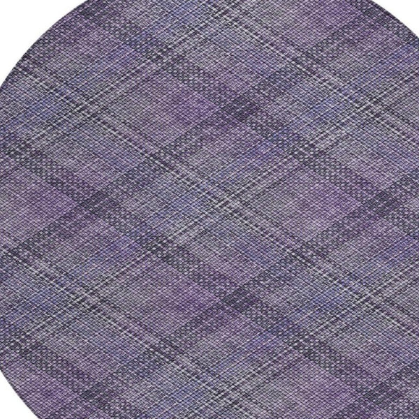8 Foot Round Plaid Polyester Area Rug in Plum Washable for Indoor Outdoor Use