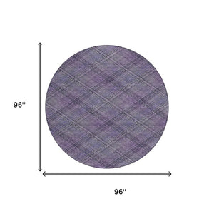 8 Foot Round Plaid Polyester Area Rug in Plum Washable for Indoor Outdoor Use