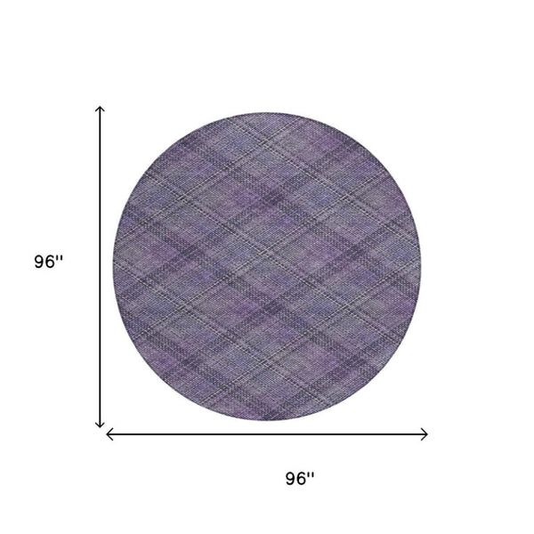 8 Foot Round Plaid Polyester Area Rug in Plum Washable for Indoor Outdoor Use