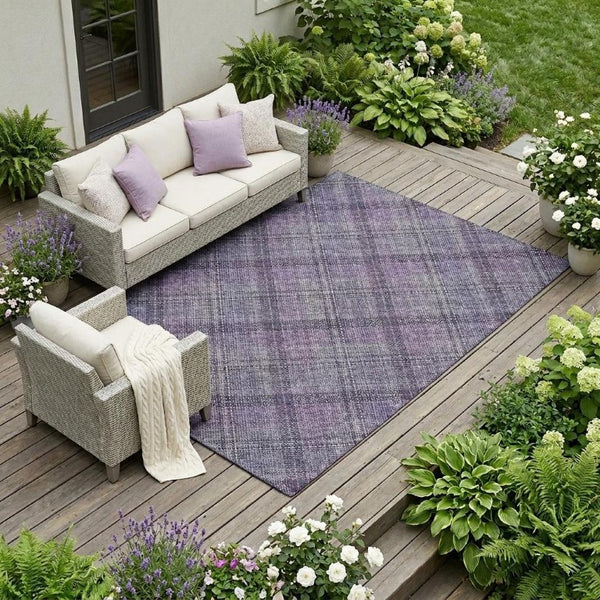 8x10 Plaid Indoor Outdoor Polyester Area Rug Washable Stain Resistant Patio Porch