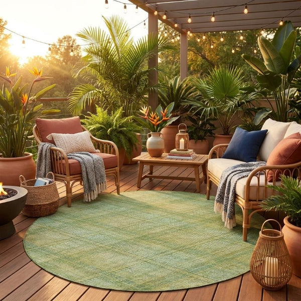 8 Foot Round Plaid Polyester Area Rug for Patio Porch and High Traffic Indoor Spaces