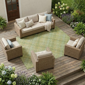 9 X 12 Sage Green Plaid Polyester Area Rug Washable Stain Resistant Indoor Outdoor