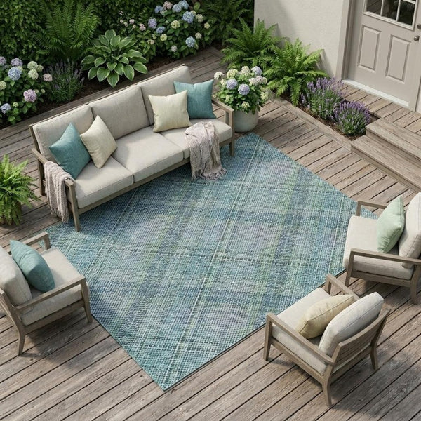 10 Ft Plaid Polyester Area Rug Washable Stain Resistant for Patio or Living Room