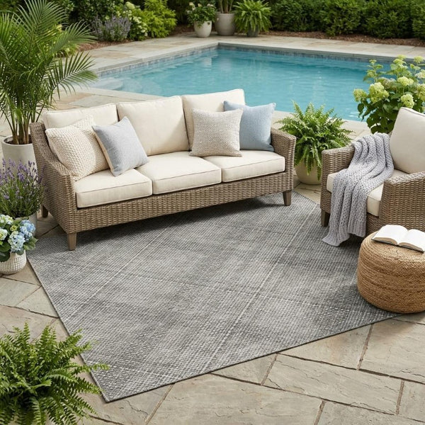 5x8 Silver Gray Plaid Polyester Area Rug Stain Resistant for Indoor Outdoor Use