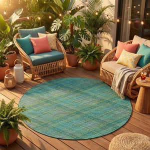 8 Ft Round Plaid Polyester Area Rug Teal Green Washable for Indoor Outdoor Use