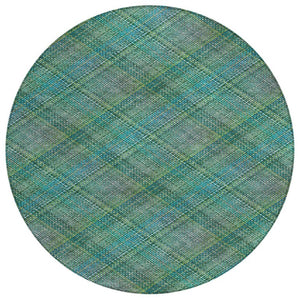 HomeRoots 8 Ft Round Plaid Polyester Area Rug Teal Green Washable for Indoor Outdoor Use 746382