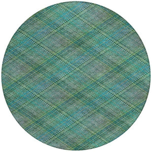 8 Ft Round Plaid Polyester Area Rug Teal Green Washable for Indoor Outdoor Use