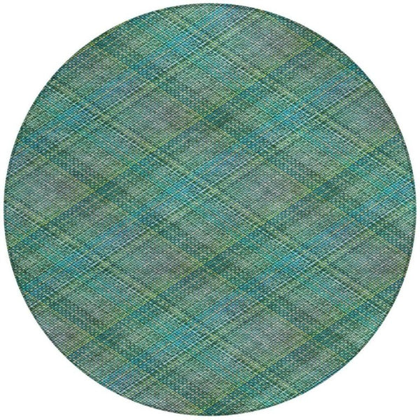 8 Ft Round Plaid Polyester Area Rug Teal Green Washable for Indoor Outdoor Use