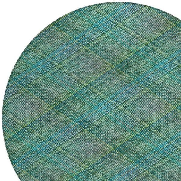 8 Ft Round Plaid Polyester Area Rug Teal Green Washable for Indoor Outdoor Use