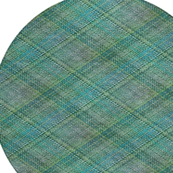 8 Ft Round Plaid Polyester Area Rug Teal Green Washable for Indoor Outdoor Use