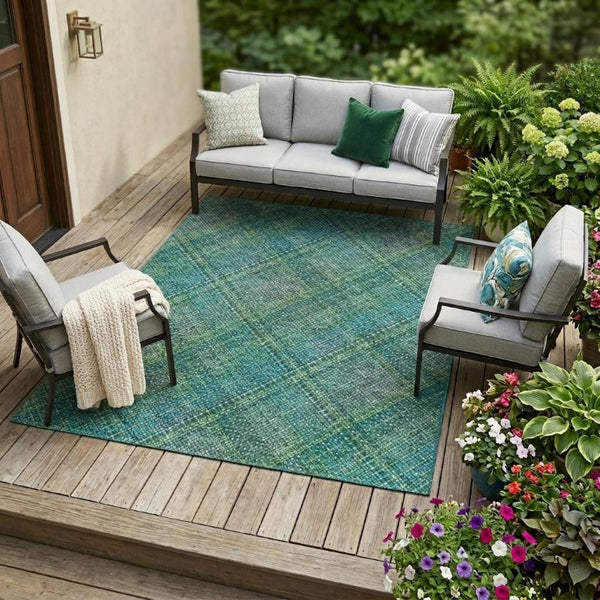 9 X 12 Teal Green Plaid Polyester Area Rug Washable Stain Resistant Indoor Outdoor