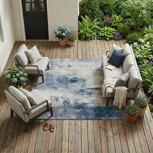 9 X 12 Abstract Blue Silver Polyester Area Rug Washable for Indoor Outdoor Use