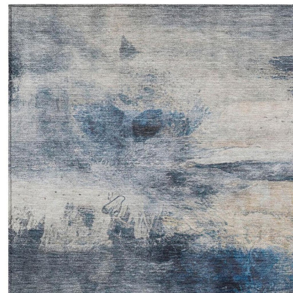 9 X 12 Abstract Blue Silver Polyester Area Rug Washable for Indoor Outdoor Use