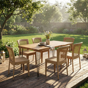 English Elm 7 Piece Outdoor Dining Set Acacia Wood Live Edge Table Woven Rattan Chairs Patio N762S000027AAA