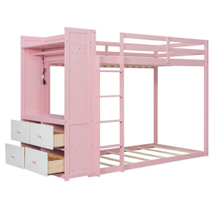English Elm Twin Bunk Bed with Storage Drawers Hanging Rail Led Shelves and Pegboard Organizer Pink LT000282AAH