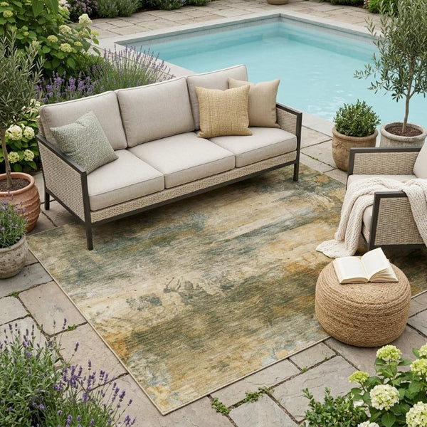 5x8 Abstract Fern Green Polyester Area Rug Stain Resistant for Patio or Living Room