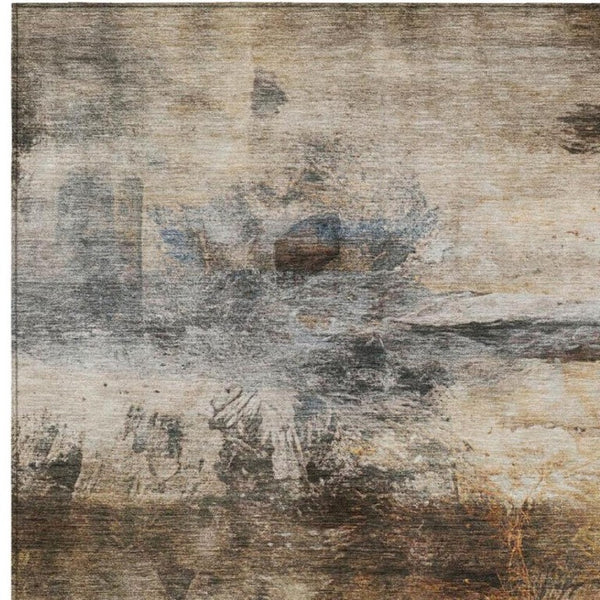 5 X 8 Khaki Brown Abstract Polyester Area Rug Washable Stain Resistant Indoor Outdoor