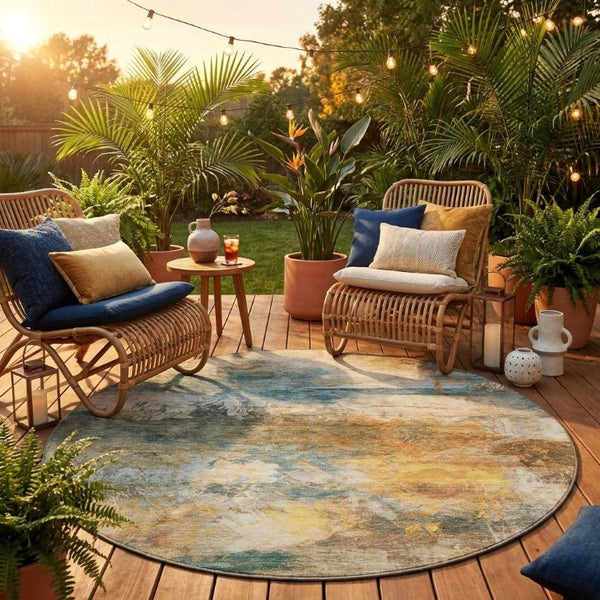 8 Ft Round Abstract Teal Beige Washable Polyester Rug for Patio or Family Room