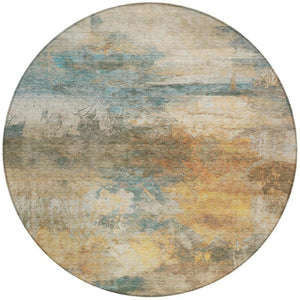 8 Ft Round Abstract Teal Beige Washable Polyester Rug for Patio or Family Room