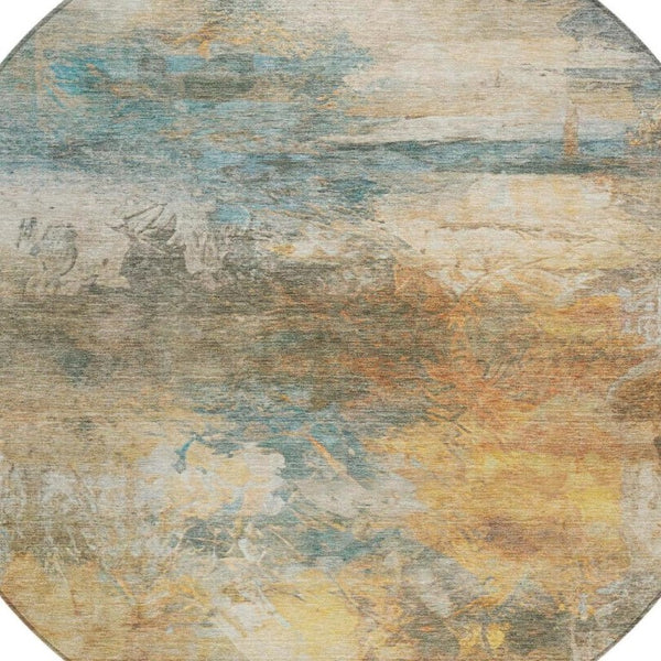 8 Ft Round Abstract Teal Beige Washable Polyester Rug for Patio or Family Room