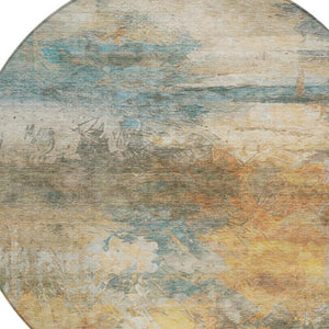8 Ft Round Abstract Teal Beige Washable Polyester Rug for Patio or Family Room