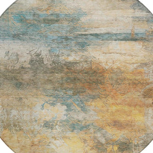 8 Ft Round Abstract Teal Beige Washable Polyester Rug for Patio or Family Room